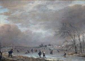 Winterlandschap met schaatsers op een bevroren rivier